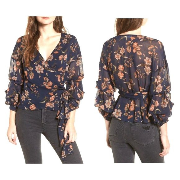 Anthropologie Tops - NWT Anthropologie’s ASTR Dark Blue Floral Tie Waist Wrap Multi-Way Blouse Top XS